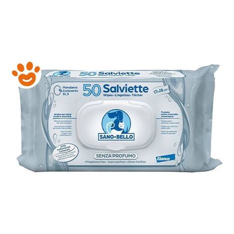 Elanco Sano e Bello Dog & Cat Salviette Detergenti Senza Profumo - Confezione 50 Salviette - Igiene Cane