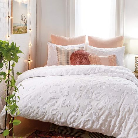 Parure de lit 3 pièces Chenille léopard 100% Coton avec Housse de Couette et taies d'oreiller, lit Double/Grand lit, Blanc (1/5)