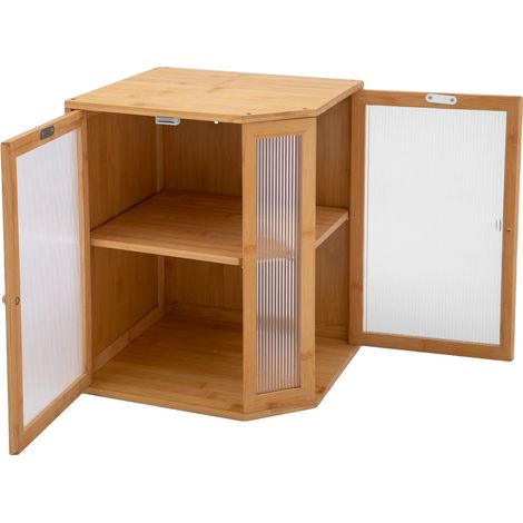 Vitrina expositora de pan de dos niveles, fabricada en bambú y MDF, dimensiones 55 x 30 x 36 cm, alturas de los estantes 18 cm y 16 cm, soporta hasta 15 kg, diseño multiusos. (1/5)