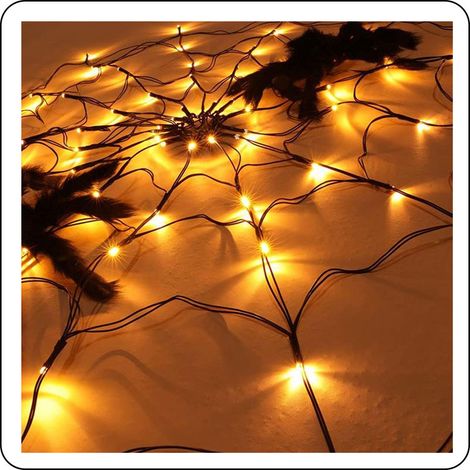 1 Guirlande lumineuse LED, toile d'araignée noire, 70 lumières orange, 8 modes, télécommande, décoration Halloween maison bar (1/5)