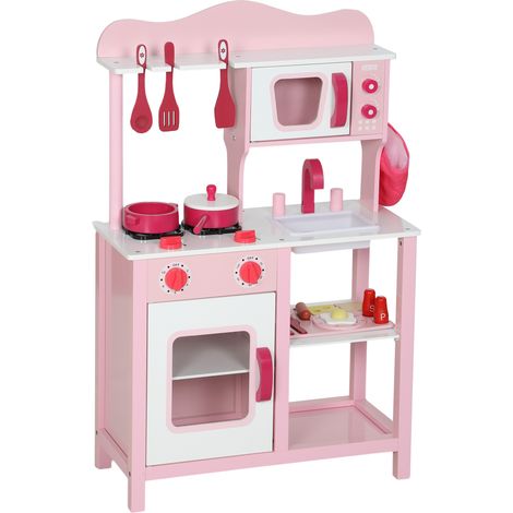 Kinderküche zum Spielen, Zubehör aus Holz, Küchengeräte, kompakt, Geräusche, Rosa