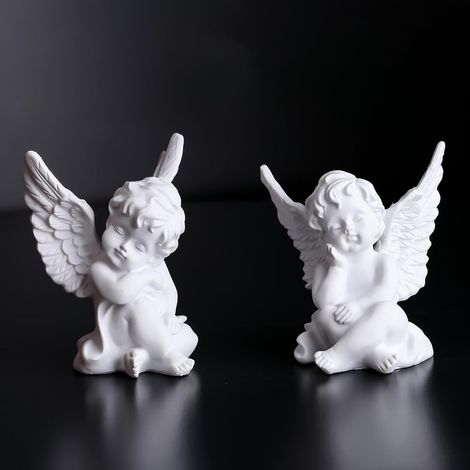 Lot de 2 Statues d'ange Blanc en résine - Statue de Jardin endormi - Décoration d'intérieur et d'extérieur - Adorable Sculpture d'angle - 10,2 cm de Hauteur (Blanc) (1/5)