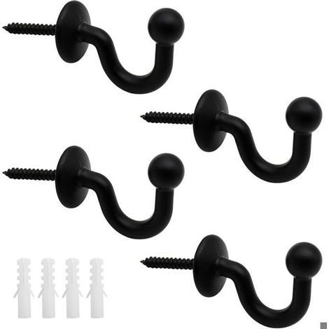Lot de 4 Crochets Rideaux Embrasses de 61mm en Mtal Noir Retenue de Rideaux Muraux Embrasse Rideau U Design Multifonctionnels PZCC (1/4)