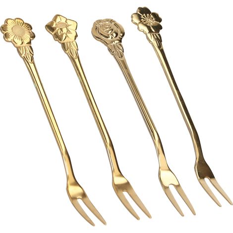 Lot de 4 fourchettes à fruits à 2 dents en acier inoxydable, mini fourchettes de dégustation pour salades, fruits et desserts, pour la maison, la cuisine et les fêtes (couleur or). (1/5)