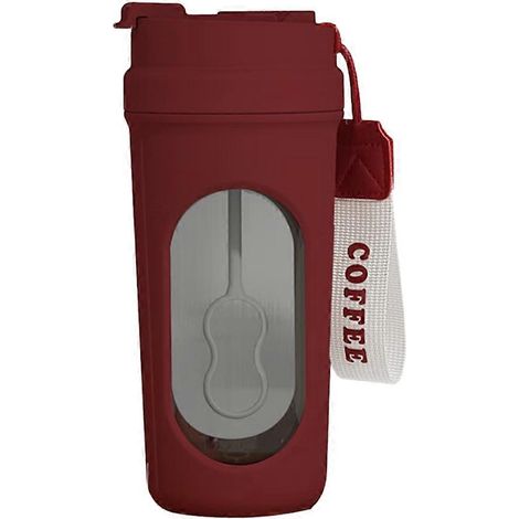 Mug à café auto-mélangeur 450 ml en verre avec anse en bois, rouge, idéal pour le café, le lait et les protéines en poudre. (1/5)