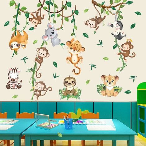 Pegatinas de pared de animales de la selva trepando a un árbol,calcomanías de pared de mono (1/4)