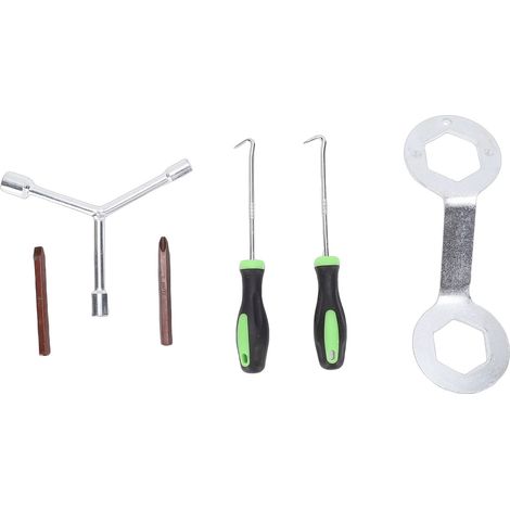 Kit de réparation de machine à laver en 6 pièces comprenant une clé plate de 36 à 38 mm, une pince à crochet, un foret et une mèche pour le démontage des cuves intérieure et extérieure. (1/5)