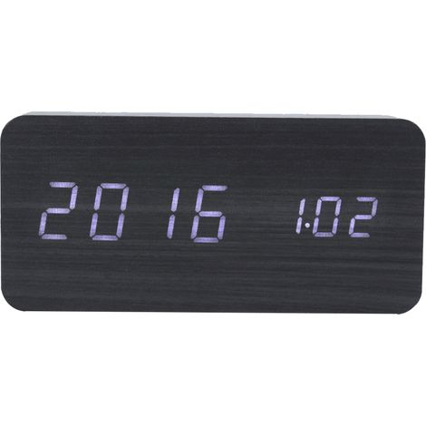 Réveil électronique en bois noir avec LED, commande vocale, affichage de la température et de la date, horloge numérique rectangulaire et lampe blanche. (1/5)