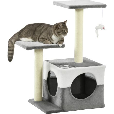 PawHut Cat Tree w/ Sisal Scratching Posts, House, Perches, Toy Mouse Grey (1/5)