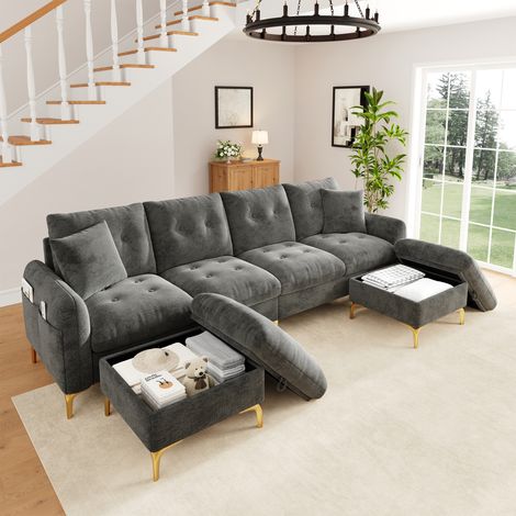 Canapé panoramique modulable 4 places en U avec 2 poufs coffre, poches latérales, tissu chenille gris, 2 coussins déco, 263 x 137 x 85 cm (1/5)