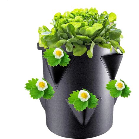 Sac de culture pour fraisiers (noir) avec 6 poches latérales, sac de culture portable en tissu, pot de jardin de 7 gallons (1/4)