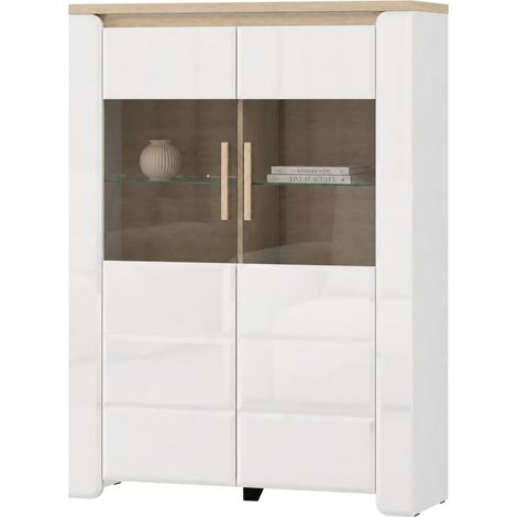 Vitrine Erto: Schaukasten 2 Einlegeböden, 2 Türen, Glasdetail an Tür und Böden, 96x35x130h cm, Mattweiß