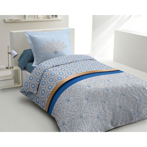 Housse de Couette 2 Pièces 100% Coton 57 Fils 1 Personne 140 x 200 cm Bleu (1/5)