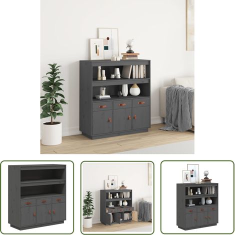 The Living Store Buffet haut Gris 100x40x108,5 cm Bois massif de pin - Buffet Design - Meuble Rangement - Buffet Bois - Buffet Moderne - Buffet Gris (1/5)