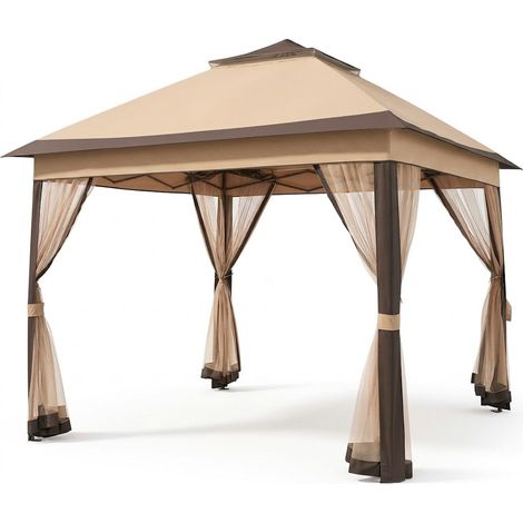 Gazebo Da Giardino Pop Up Con Apertura Rapida E Borsa Trasporto 3.33 X 3.33 Metri Altezza Regolabile Da 2.7 A 2.9 M Con Zanzariere Removibili Per Eventi Patio Piscina Campeggio Feste Kaki (1/5)