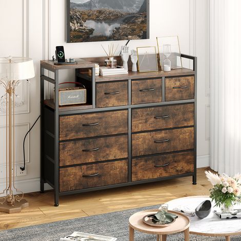 Commode Chambre 9 Tiroirs, 2 Ports USB et 2 Ports AC, Armoire à tiroirs multifonctionnelle pour Chambre et Salon - Buffet Stable et résistant, 100x30x86cm, marron (1/5)