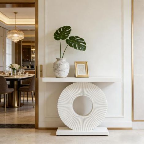 Consola de Entrada Moderna con Tablero Rectangular y Patas Ajustables Estructura Geometrica en MDF y Metal Blanco (1/4)