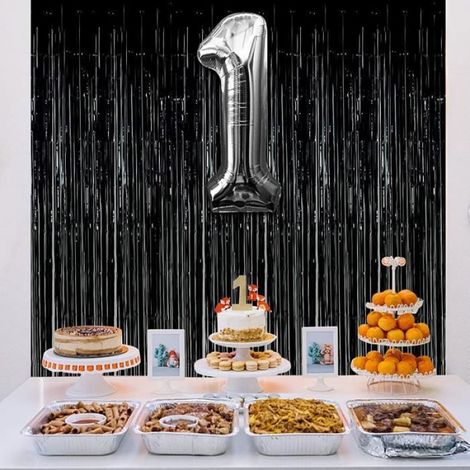 2 pcs Rideaux à Franges en Aluminium, 1x3m Rideaux MéTalliques Tinsel, pour Décorations Fête Anniversaire,Bal,Mariage (Noir) (1/4)