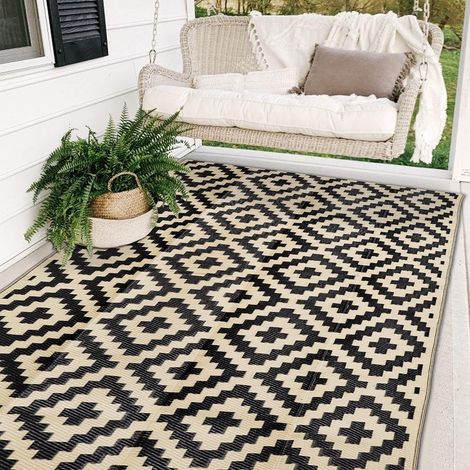 Tapis Extérieur Imperméable 5x8 ft Réversible Plastique Noir Beige pour Terrasse Jardin Camping RV Plage Pique-Nique (1/5)