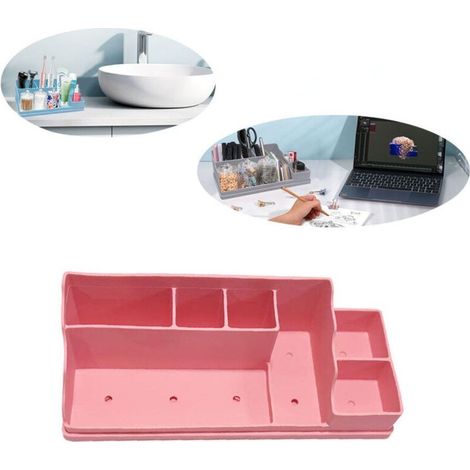 Plateau de rangement de bureau, grande capacité, dimensions 350 x 140 x 110 mm, design compact et durable, parfait pour la salle de bain et le bureau, rose (1/4)