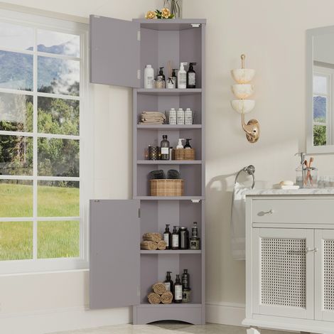 Mueble de baño esquinero moderno de MDF gris 37 x 24,5 x 170 cm con 2 puertas, 3 huecos abiertos y estantes regulables (1/5)