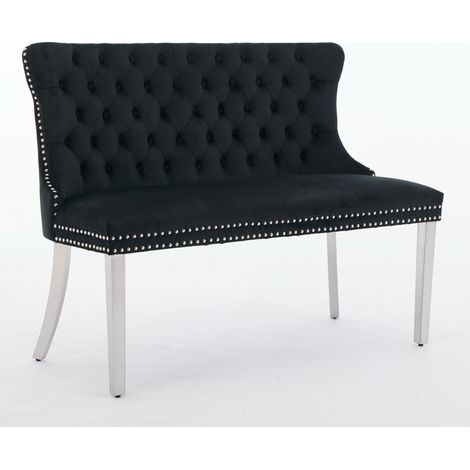Banquette de salle à manger 2 places en velours noir avec pieds en acier inoxydable argent brossé (1/5)