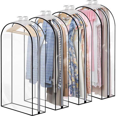 Lot de 4 housses à vêtements transparentes, 152 cm, à suspendre, pour costumes, garde robes, avec fermeture éclair latérale, pour manteaux, vestes, coupe vent et robes (1/5)