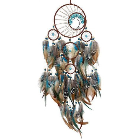 Attrape-rêves en plumes bleues et brunes – Longueur 62 cm – Décoration murale ethnique pour chambre – Cadeau original (1/5)