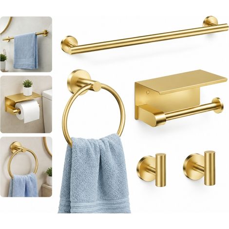 Set salle de bain 5 pièces en acier inoxydable finition dorée, barre porte-serviettes 60 cm extra longue avec tablette, porte-papier, anneau et 2 crochets, installation murale solide et élégante (1/3)