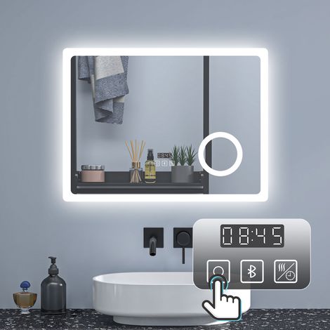 70 x 50 cm Badezimmerspiegel LED Badspiegel Wandspiegel Touch Beschlagfrei+Uhr+Bluetooth+Kosmetikspiegel+3 Farben Dimmbar+LED Memory Funktion (1/5)
