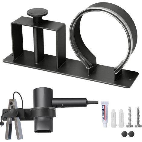 1 Support Sèche-cheveux, Acier Inoxydable, Porte-lisseur Sans Percage, Organisateur Salle De Bain (1/5)