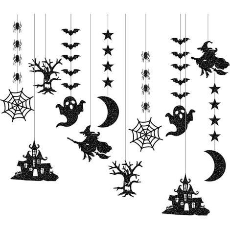 Kit de décorations d'Halloween à suspendre : chauve-souris, araignée et toile d'araignée noires à paillettes, guirlande de fantomatiques et de chauves-souris, décorations murales effrayantes. (1/5)