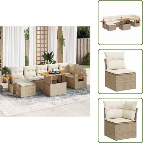 The Living Store 8-tlg. Garten-Sofagarnitur mit Kissen Beige Poly Rattan Akazie - Gartentisch (1/5)