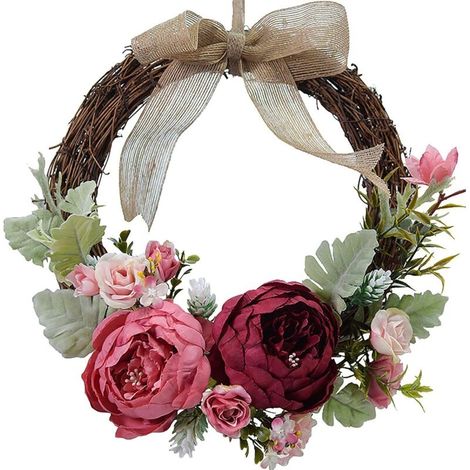 Couronne de porte, pivoine artificielle qui ne se décolore pas, 25,9 cm, décorative à suspendre pour porte d'entrée, printemps et été, mur ou fenêtre, rose rouge, cm (1/5)