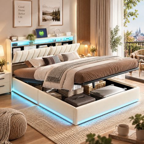 Letto contenitore 160x200cm,letto matrimoniale 160x200cm con LED regolabile e ricarica USB,Letto matrimoniale contenitore,letto 160x200cm,velluto, beige