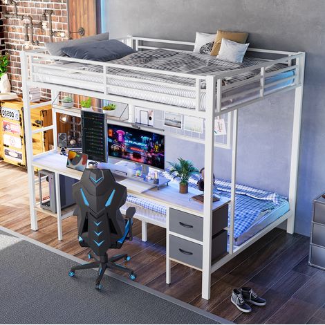 MEUBLIV Hochbett 90x200/140x200 cm weiß – mit Schreibtisch und LED, ohne Matratze (1/5)