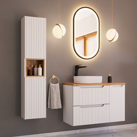 Conjunto de mueble de baño con lavabo simple de 90 cm, 2 cajones, 1 puerta y columna, modelo Riva en blanco y madera (1/5)