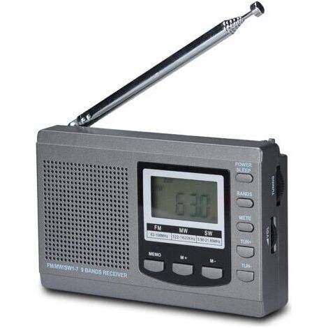 FENOPLASTICARadio AM/FM/SW DSP à bande complète, haut-parleur stéréo, écran LCD, alarme, minuterie, veille, radio portable (gris) (1/4)