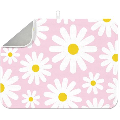 Tapis de séchage à vaisselle motif marguerites - 45 x 60 cm - Aquarelle - Motif floral rose - Tapis de séchage rustique à fleurs blanches - Pour table, comptoir, évier, café, bar (1/5)