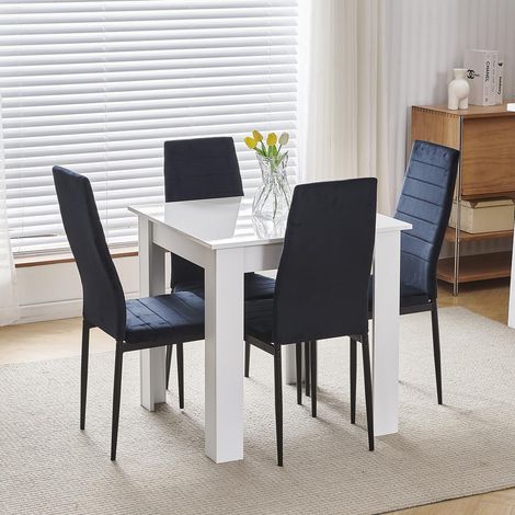 75x75cm Square Dining Table and Chairs Set, Small Dining Room Set High Gloss Dining Table with Chairs Home Furniture (Black Flannel, White Table with 4 Chairs)