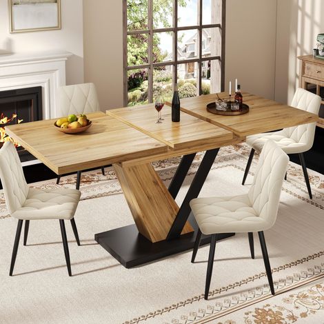Table de salle à manger extensible 120 (160) x 75 x 75,5 cm, table de cuisine extensible jusqu'à 160 cm, idéale pour la cuisine et le salon, plateau aspect bois.