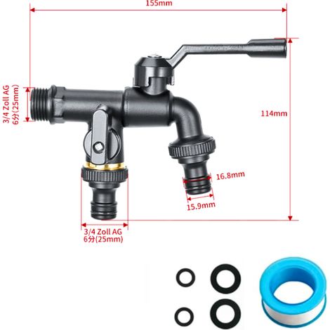Rubinetto da giardino doppio per esterni, in ottone, nero, ingresso da 3/4", 2 uscite da 3/4", ideale per serbatoio dell'acqua piovana, lavatrice - ALTRO (1/3)
