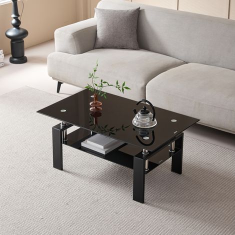 Tavolino da soggiorno nero 100x60x44 cm con piano in vetro temperato a 2 livelli, ripiano portaoggetti e struttura in metallo (1/5)