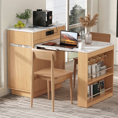 Îlot de cuisine sur roulettes 58-154 x 80.5 x 94 cm, table extensible rabattable avec multiprises et crochets, gain de place, Natural (1/5)