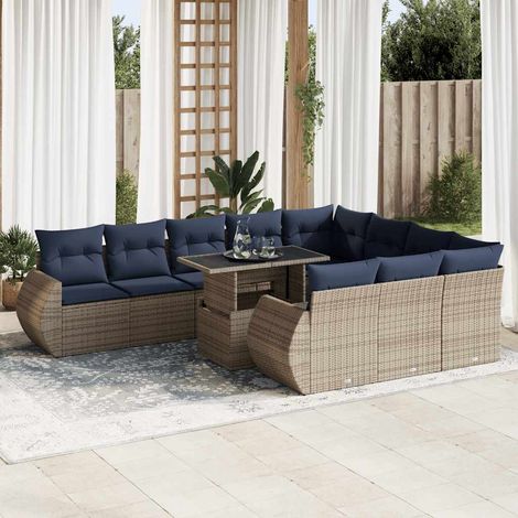Set sofás jardín y cojines 11 pzas ratán sintético acacia gris