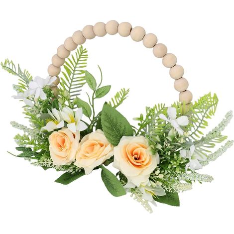 Guirlandes de Fleurs Artificielles Bohème avec Perles en Bois, Couronne Florale d'eucalyptus pour Porte d'entrée, Décoration Murale à Suspendre, Festival de Mariage (Champagne 9459) (1/5)