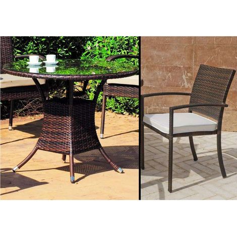 Conjunto jardín mesa y 4 sillones con cojines Bahia en ratán sintético marrón. (1/3)