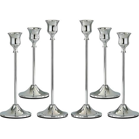 Lot de 6 Bougeoirs Argentés - 3 Tailles 17/20/23 cm - Chandelier Bougeoir Vintage pour Décoration de Table, Mariage, Fêtes, Dîner, Cheminée (1/5)