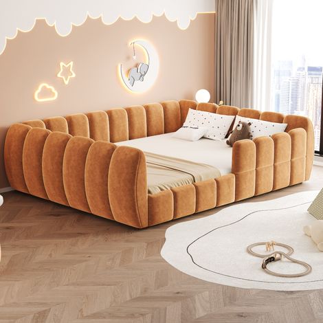 Lit adulte 140x200 cm - Lit double - Avec sommier à lattes et structure basse rembourrée - En velours - Orange - Sans matelas (1/4)