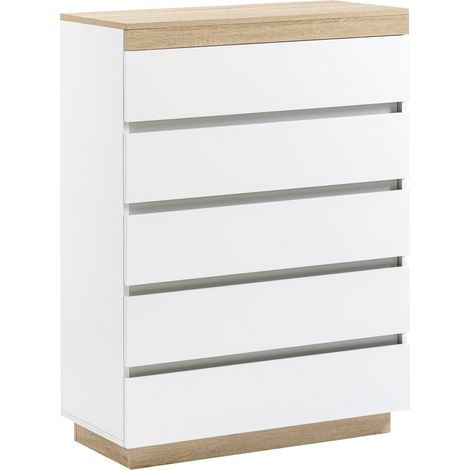 Cómoda de madera de 5 cajones, cómoda de dormitorio con dispositivo antivibración, 80x40x109 cm, blanca y roble